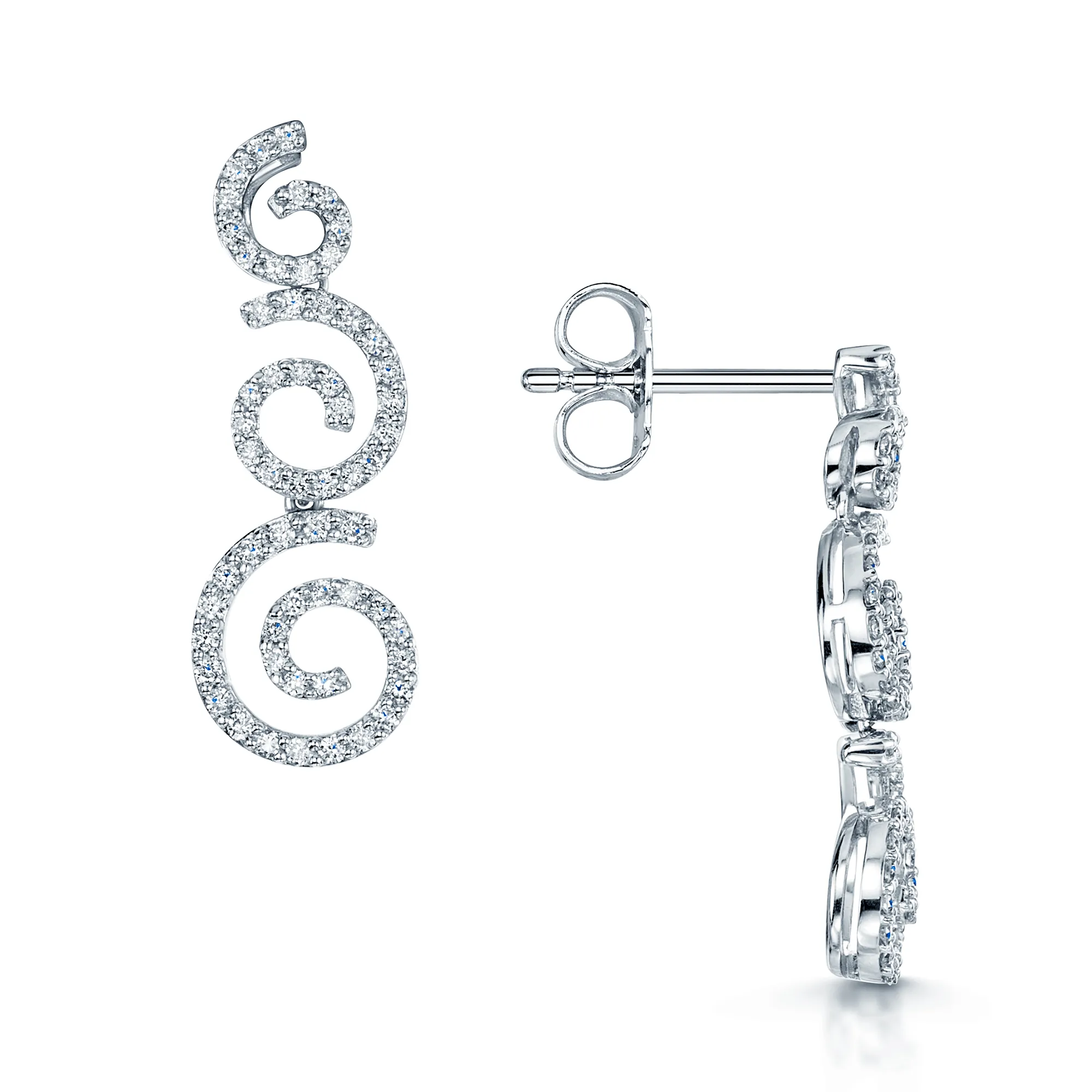 18ct White Gold Diamond Spiral Pave Set Drop Earrings