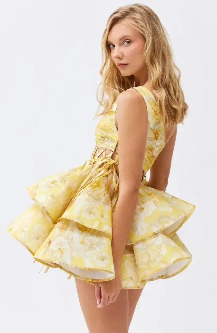 Andrea Floral Printed One-shoulder Mini Chiffon Dress