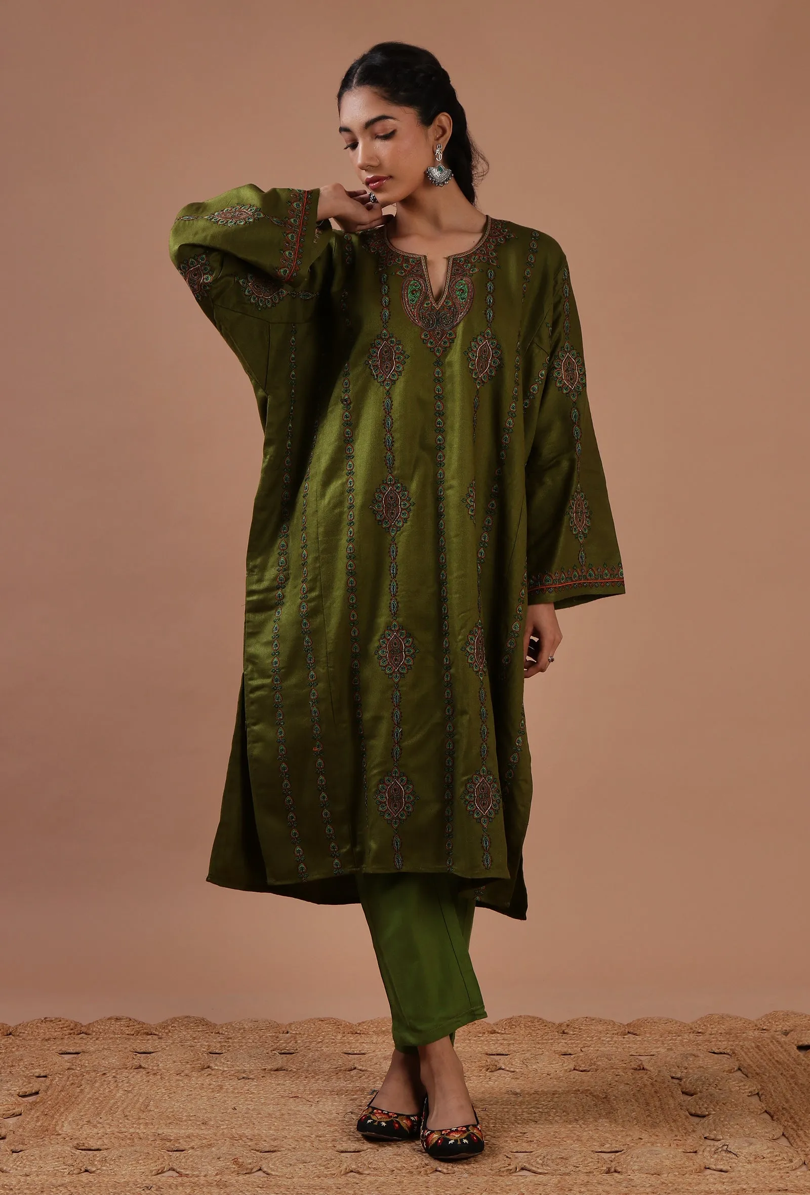 Army Green Woolen Sozni Embroidered Phiran- Free Size
