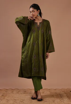 Army Green Woolen Sozni Embroidered Phiran- Free Size