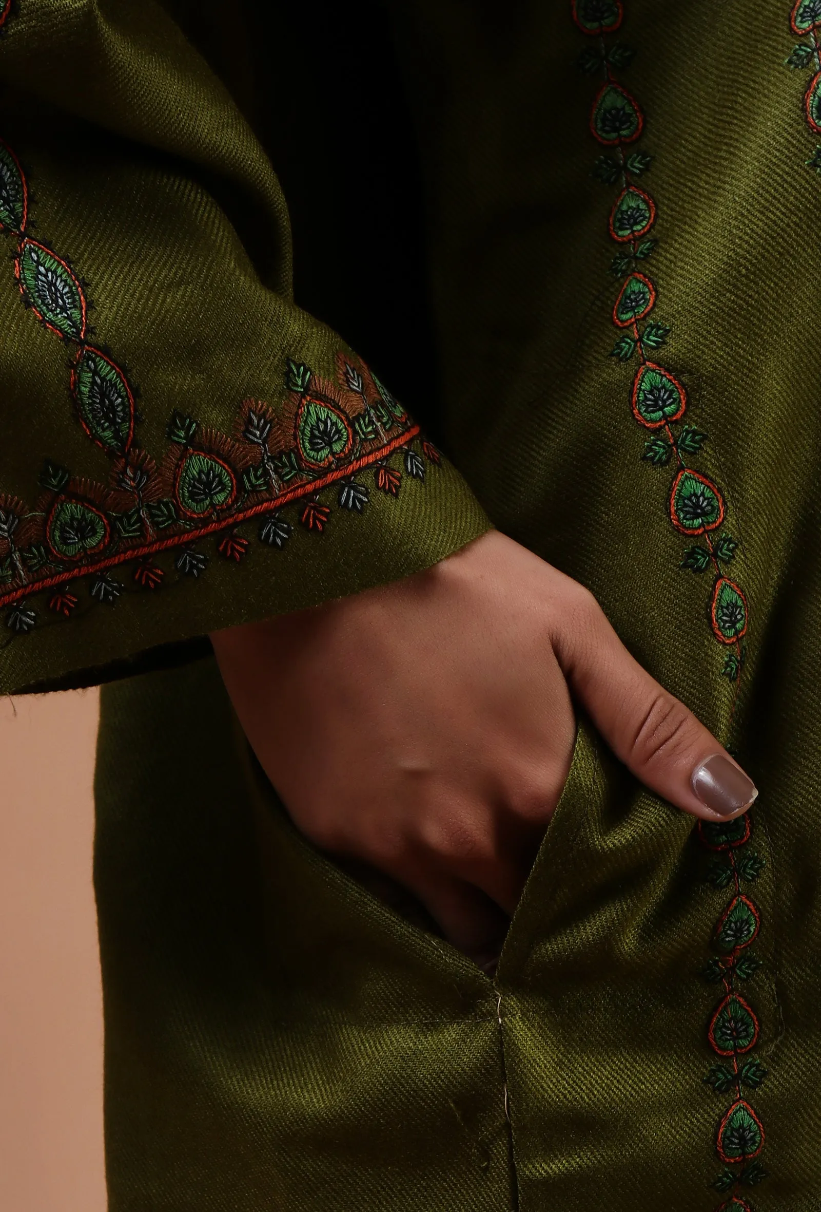 Army Green Woolen Sozni Embroidered Phiran- Free Size