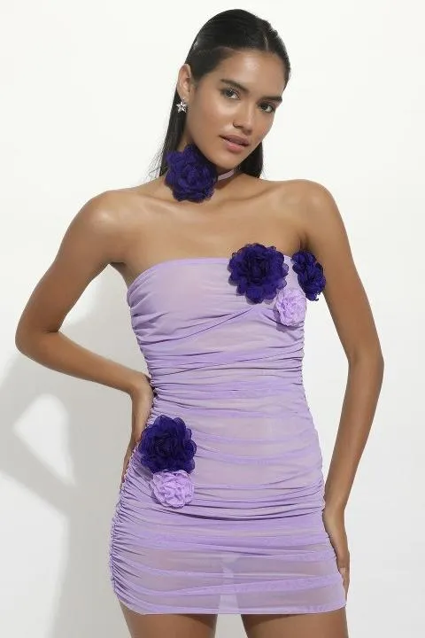 Athena Flower Appliqu Mesh Mini Dress