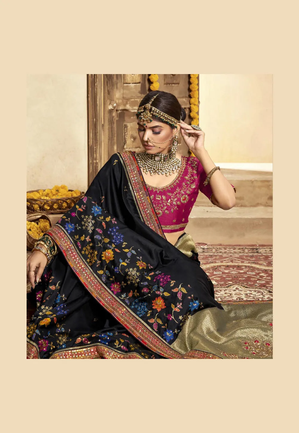 Black And Pink Floral Embroidered Wedding Saree