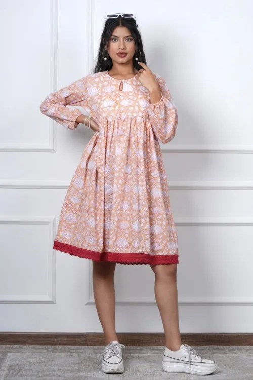 Bliss Peach Hand Block Printed Dress