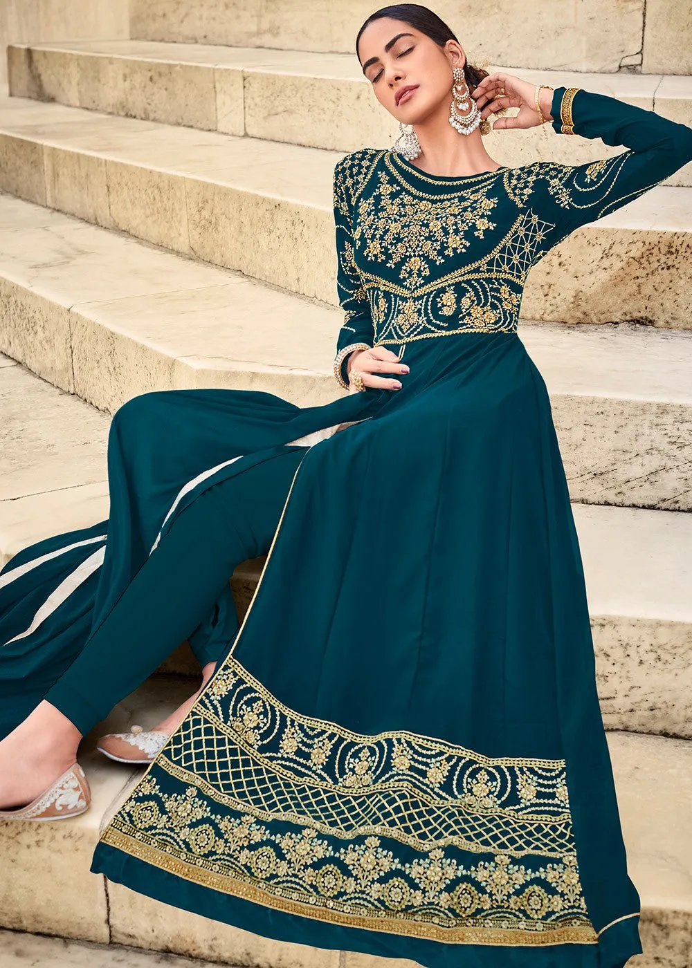 Blue Front Slit Embroidered Designer Anarkali Suit