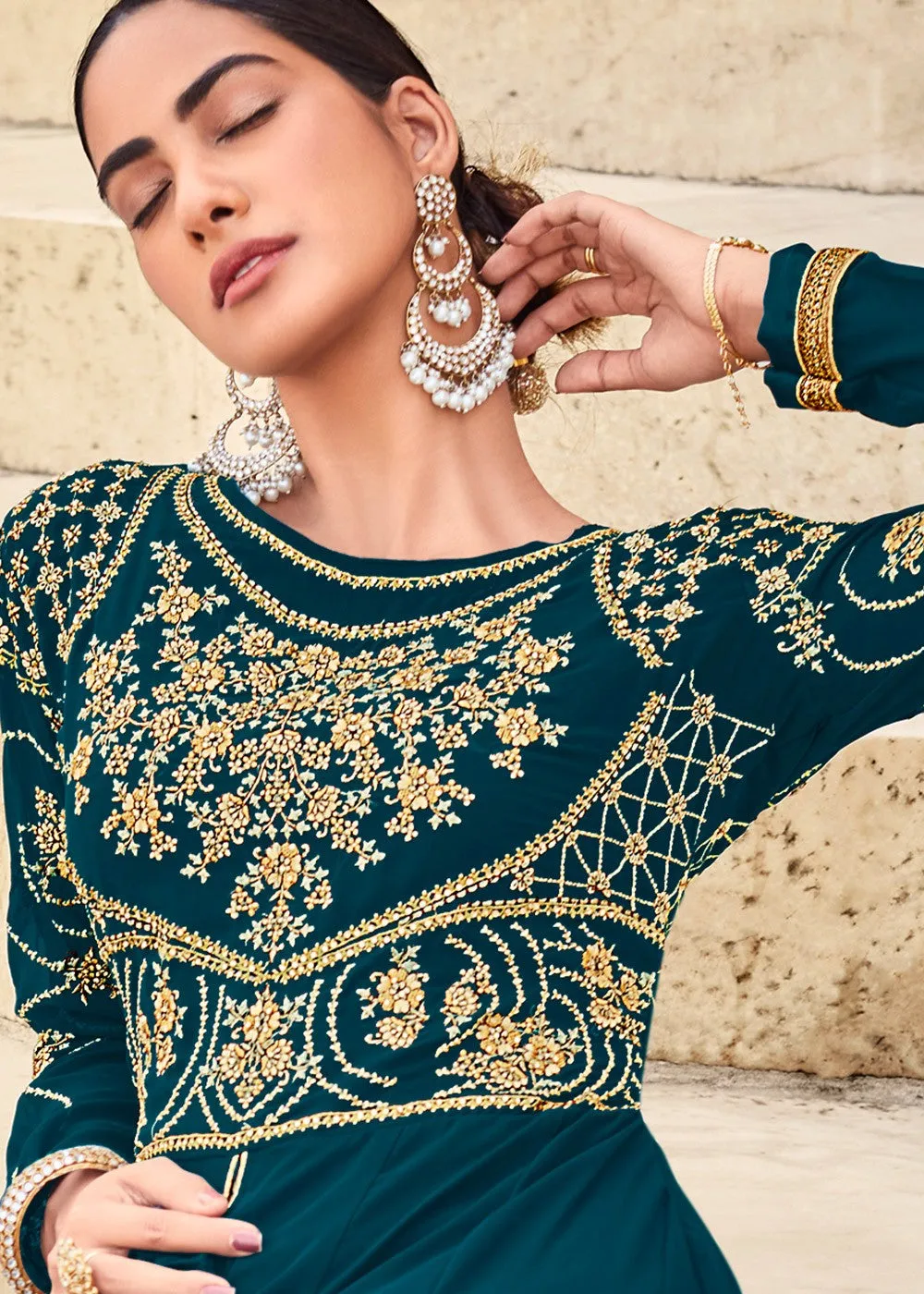 Blue Front Slit Embroidered Designer Anarkali Suit
