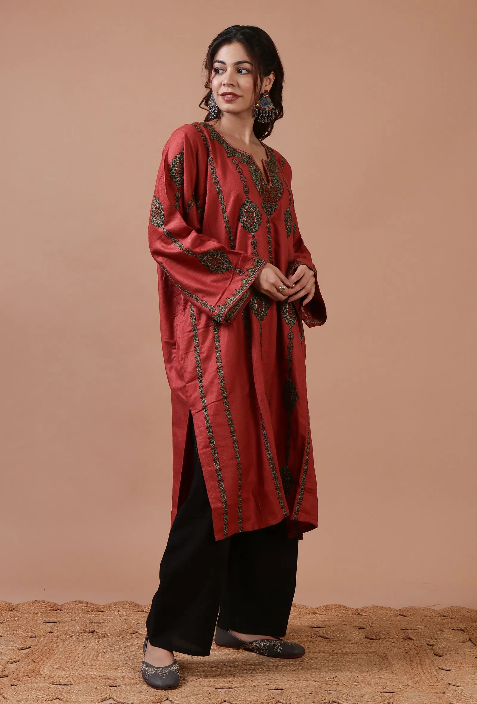 Carmine Pink Woolen Sozni Embroidered Phiran- Free Size