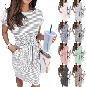 Casual Dresses for Women Short Sleeve Tie Waist Midi Striped Tshirt Dress with Pockets Cute Summer Beach Sun Dresses