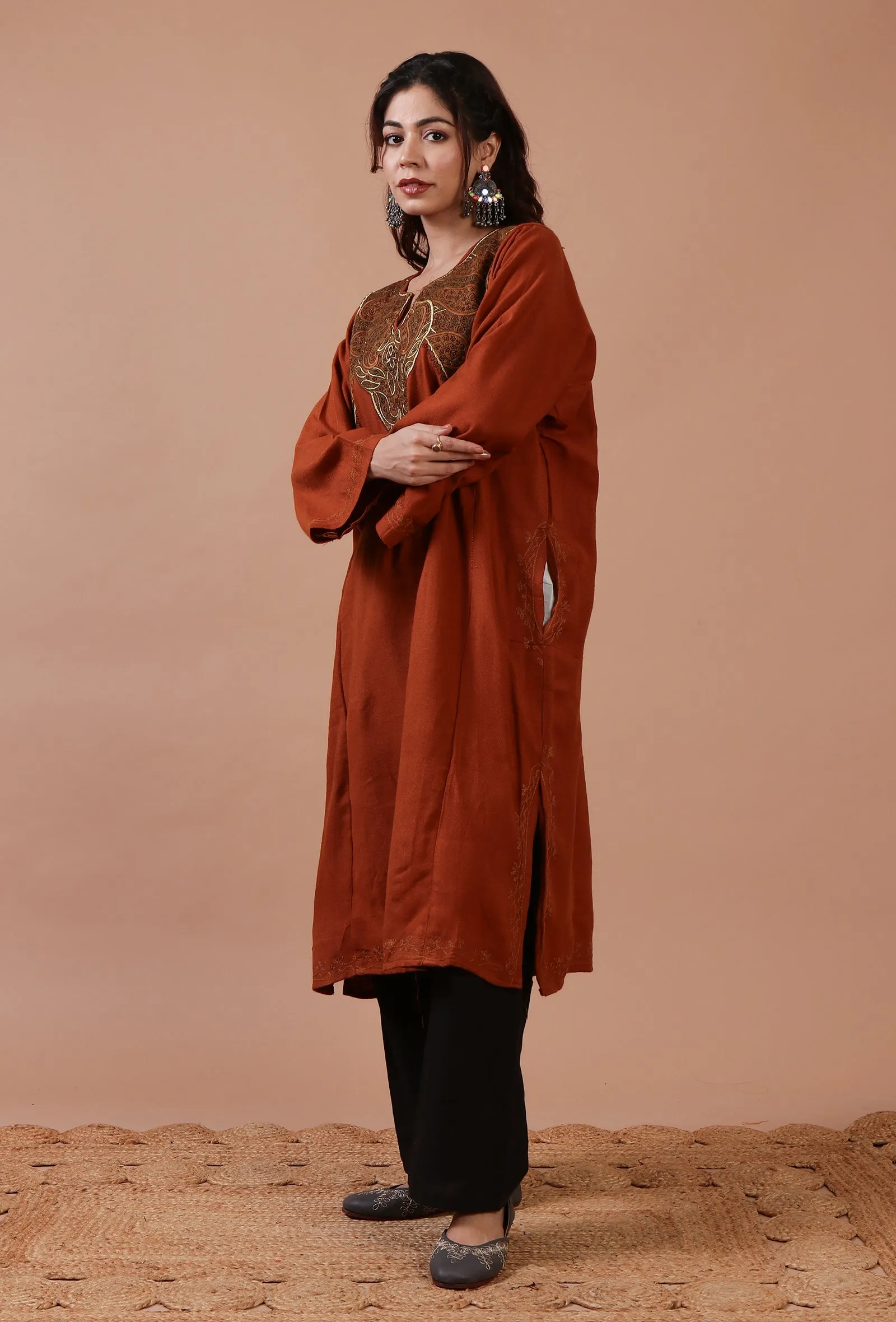 Chestnut Woolen Sozni Embroidered Phiran- Free Size