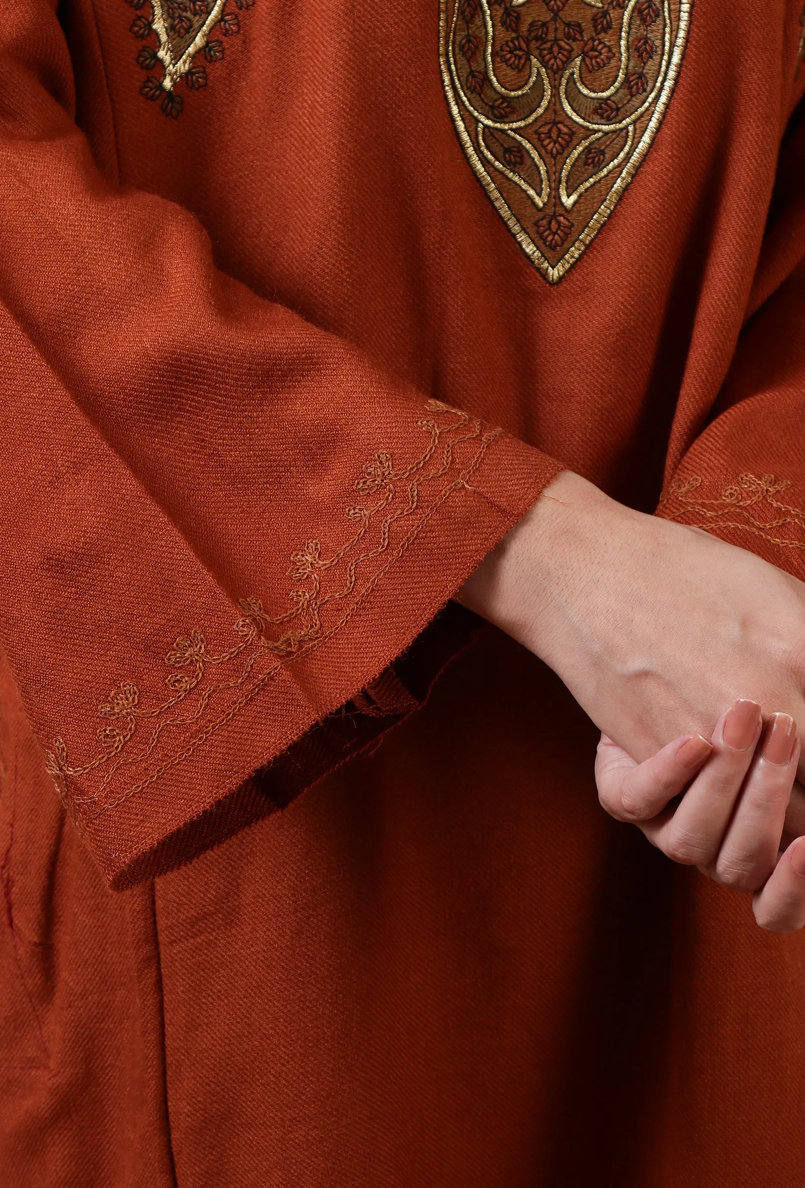 Chestnut Woolen Sozni Embroidered Phiran- Free Size