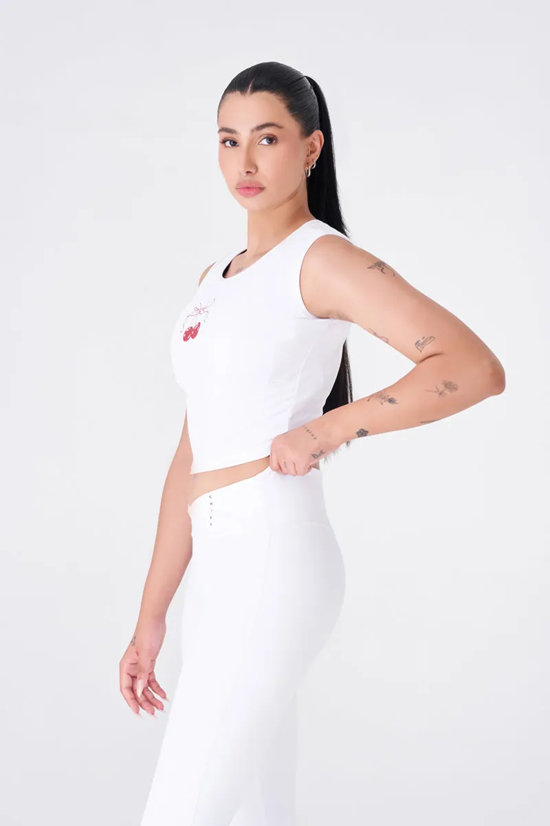 Chic White Crop Top with Cute Cherry Graphic