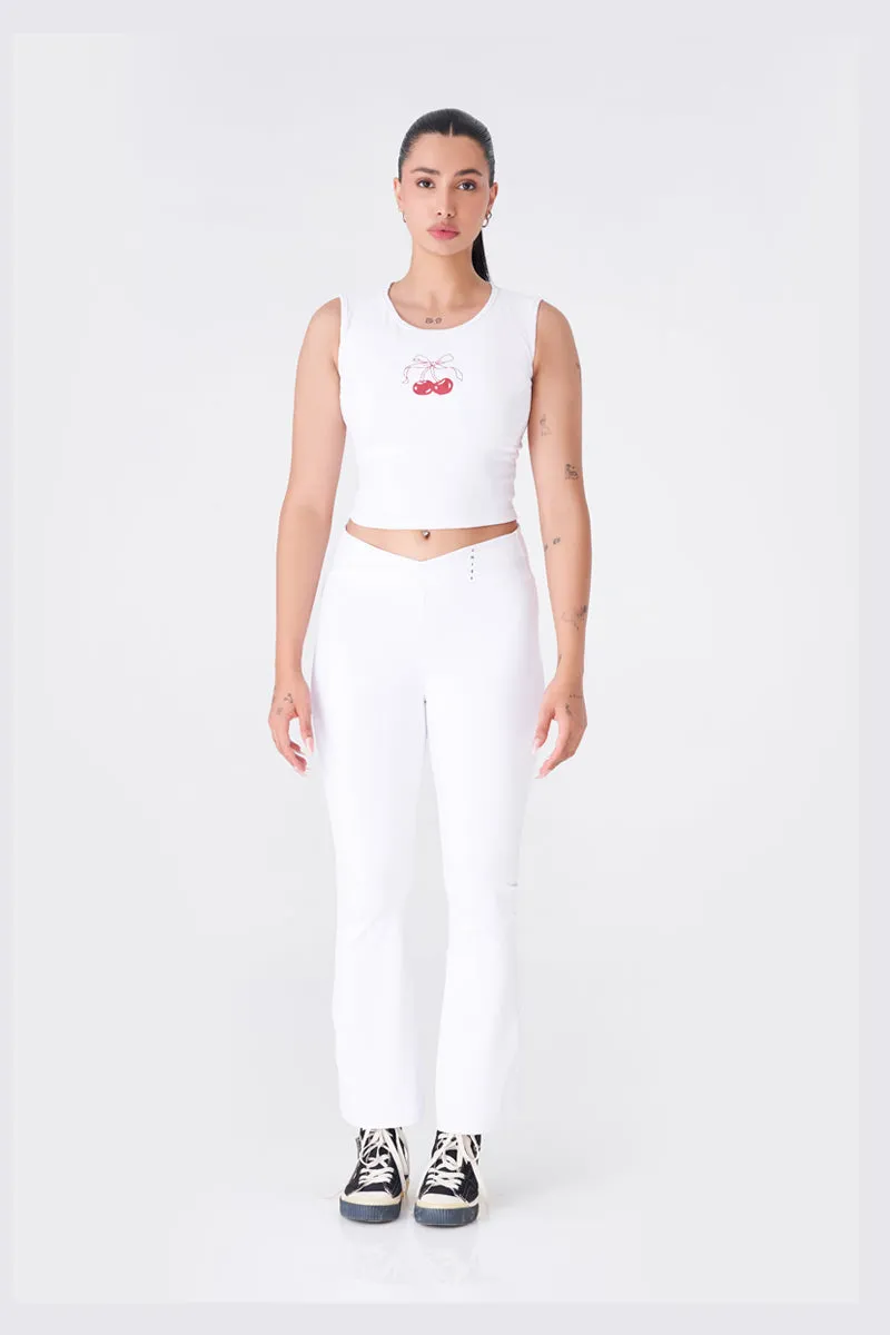 Chic White Crop Top with Cute Cherry Graphic