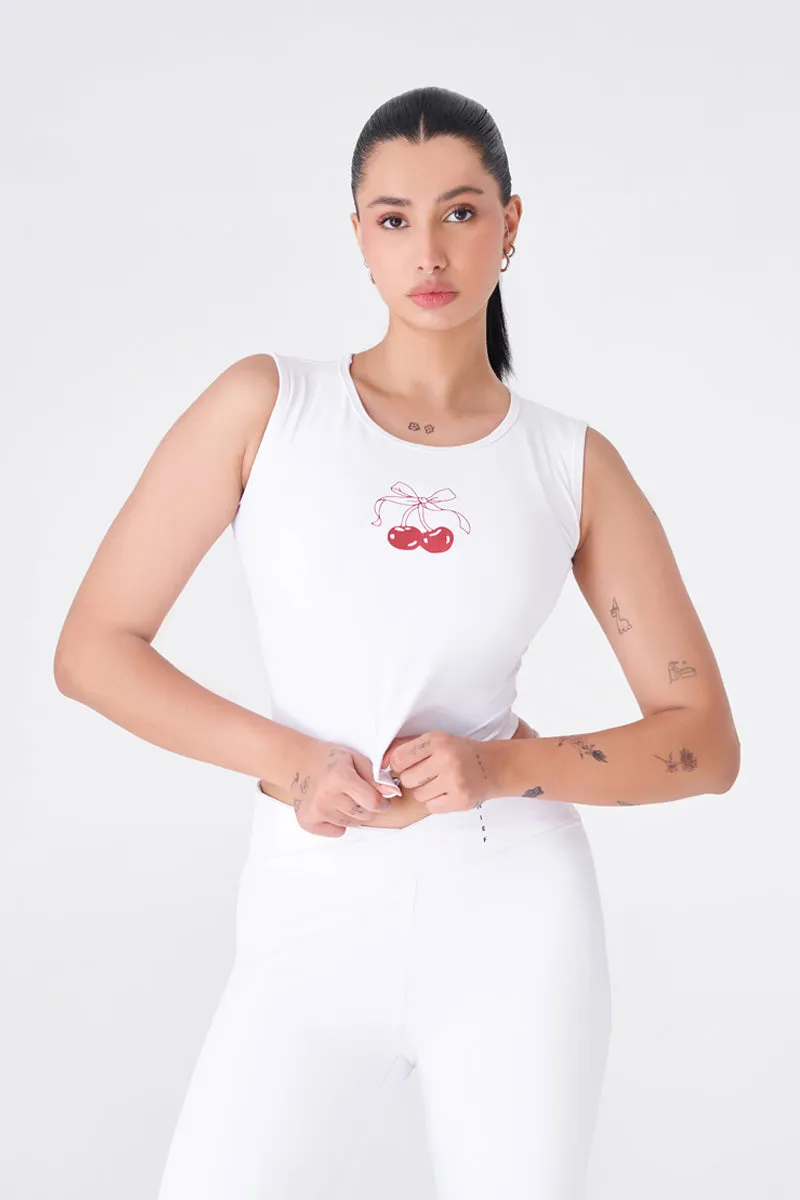 Chic White Crop Top with Cute Cherry Graphic