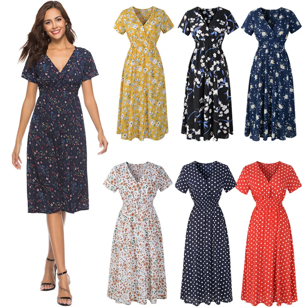 Chiffon Beach Printed V-Neck Short Sleeve Dress