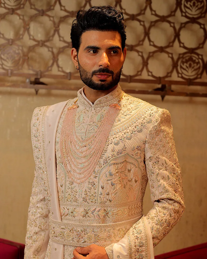 Cream Resham Embroidered Sherwani Set With Belt