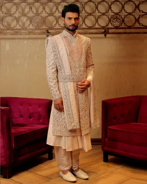 Cream Resham Embroidered Sherwani Set With Belt