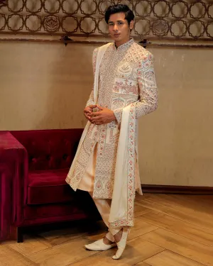 Cream Shade Embroidered Sherwani Set With Dupatta for Groom