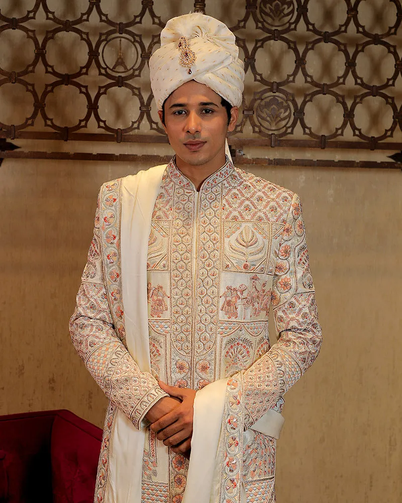 Cream Shade Embroidered Sherwani Set With Dupatta for Groom