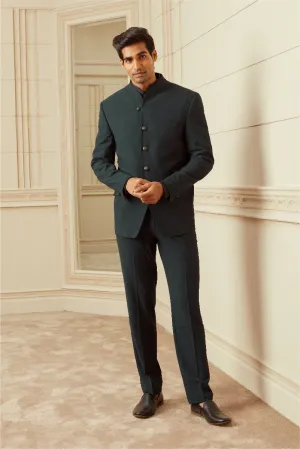 Dark Green Plain Stretch Bandhgala With Built Up Neck
