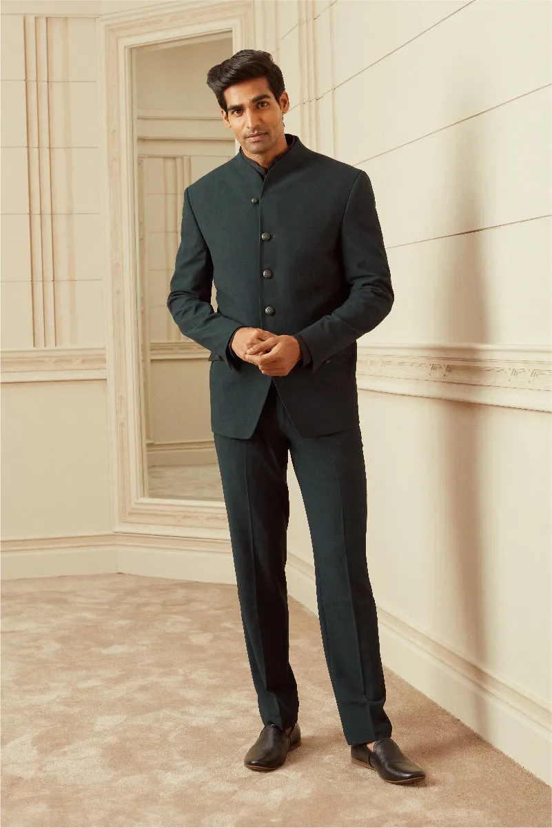 Dark Green Plain Stretch Bandhgala With Built Up Neck