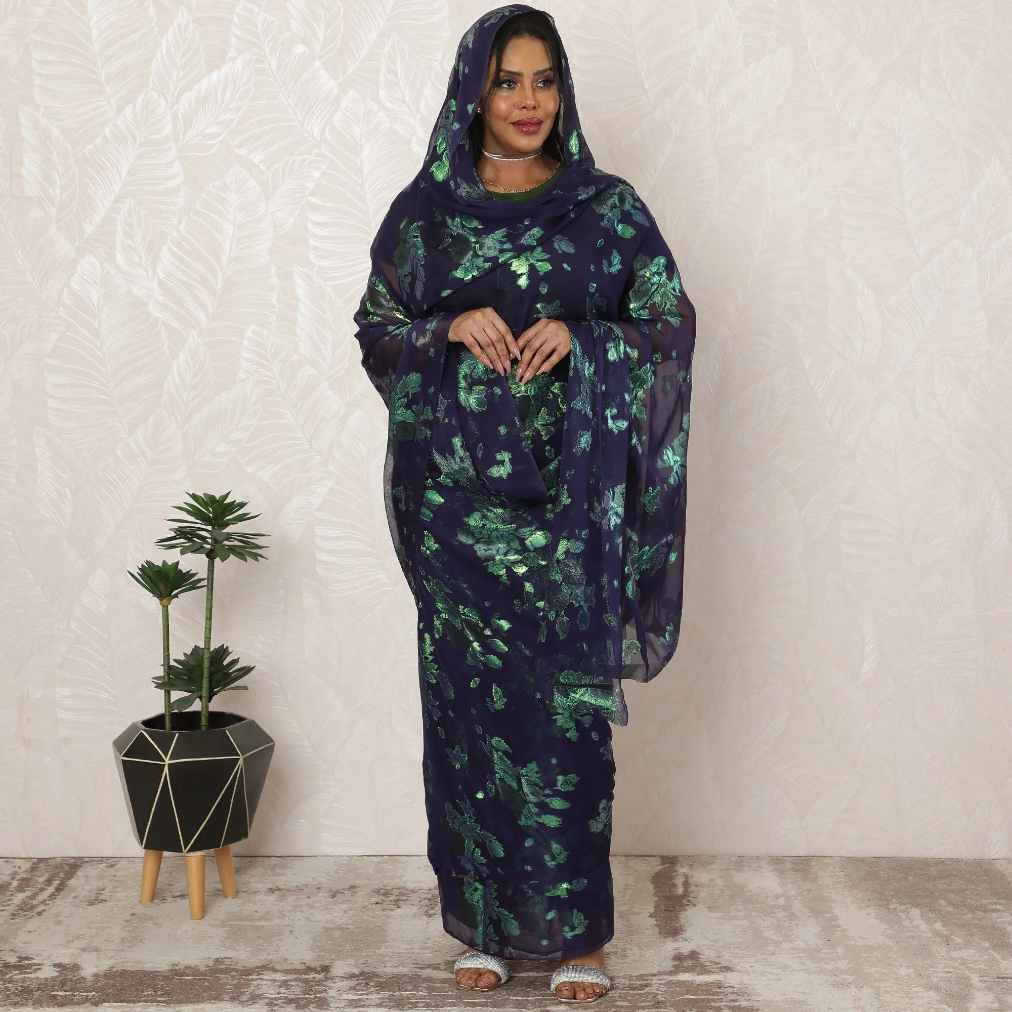 Deep Navy Sudanese Thobe Fabric in Silk Chiffon with Metallic Lurex, 4.5 Meters, 110 cm Width-D20355
