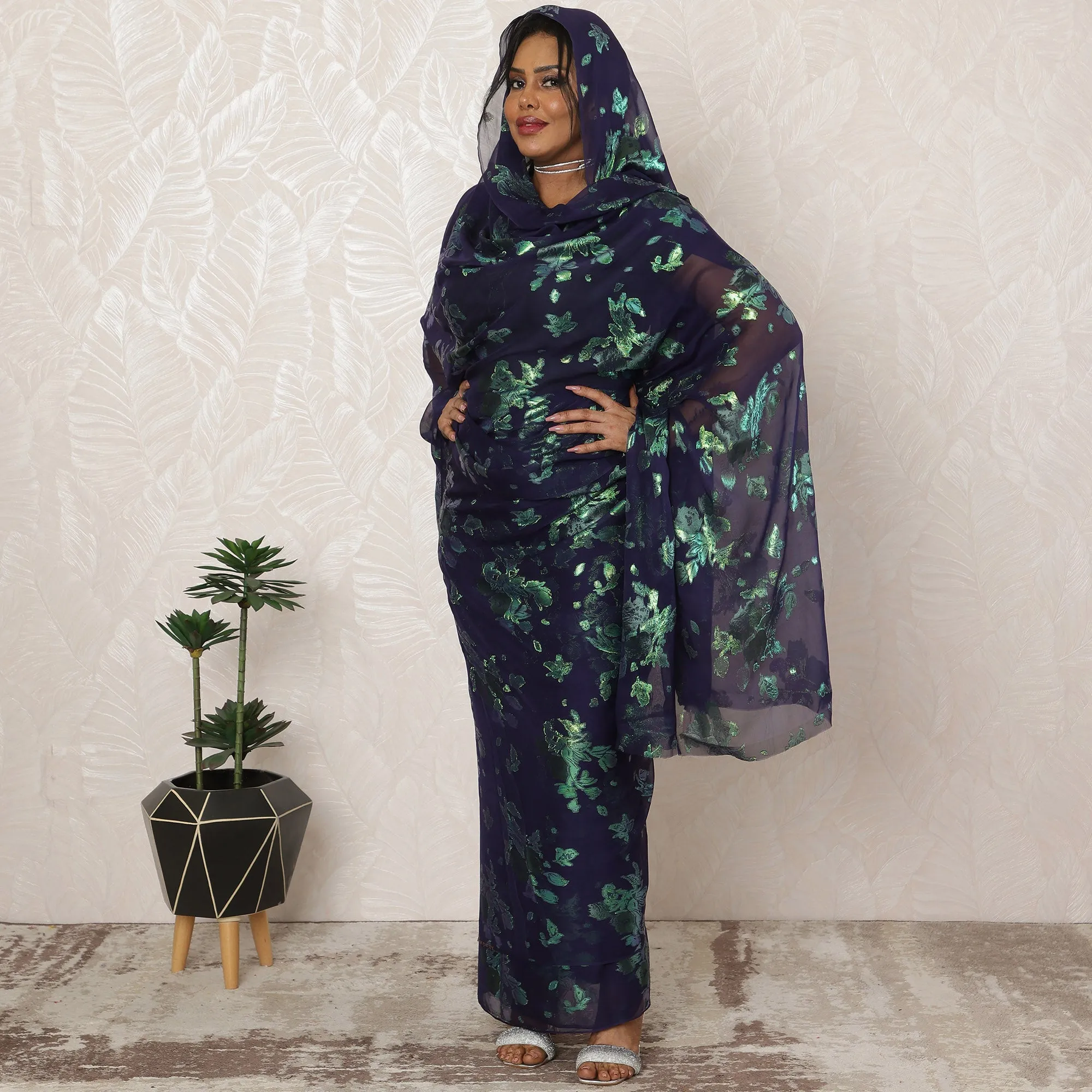 Deep Navy Sudanese Thobe Fabric in Silk Chiffon with Metallic Lurex, 4.5 Meters, 110 cm Width-D20355