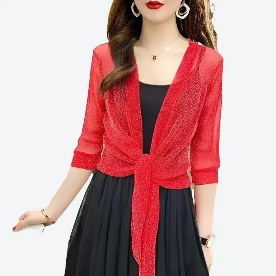 Elegant Sheer Tie-Front Cardigan Tops