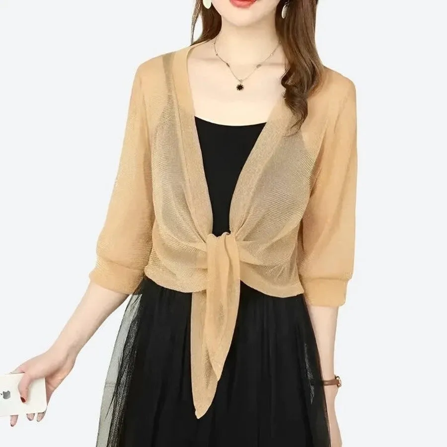 Elegant Sheer Tie-Front Cardigan Tops