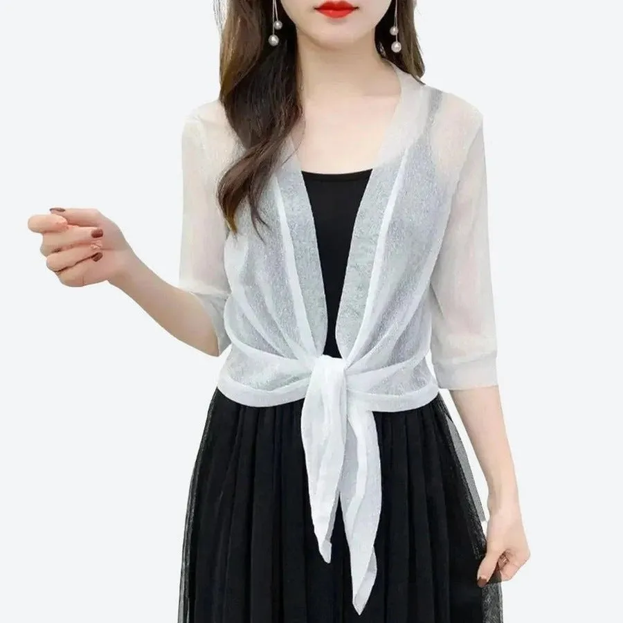 Elegant Sheer Tie-Front Cardigan Tops