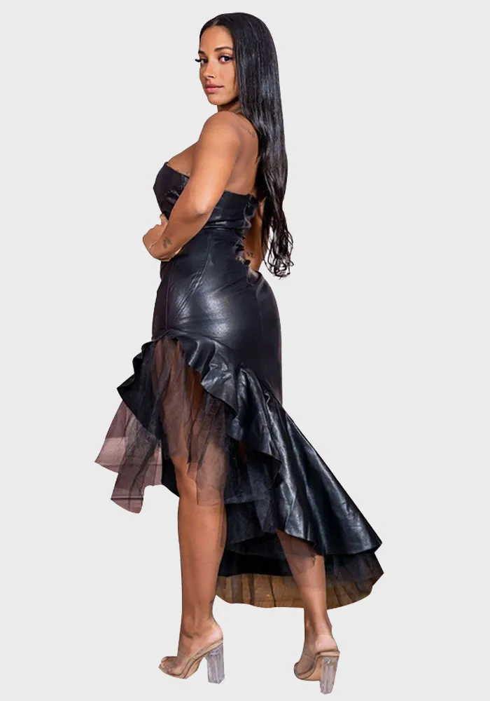 Faux Leather Mesh Ruffle Mullet Dress