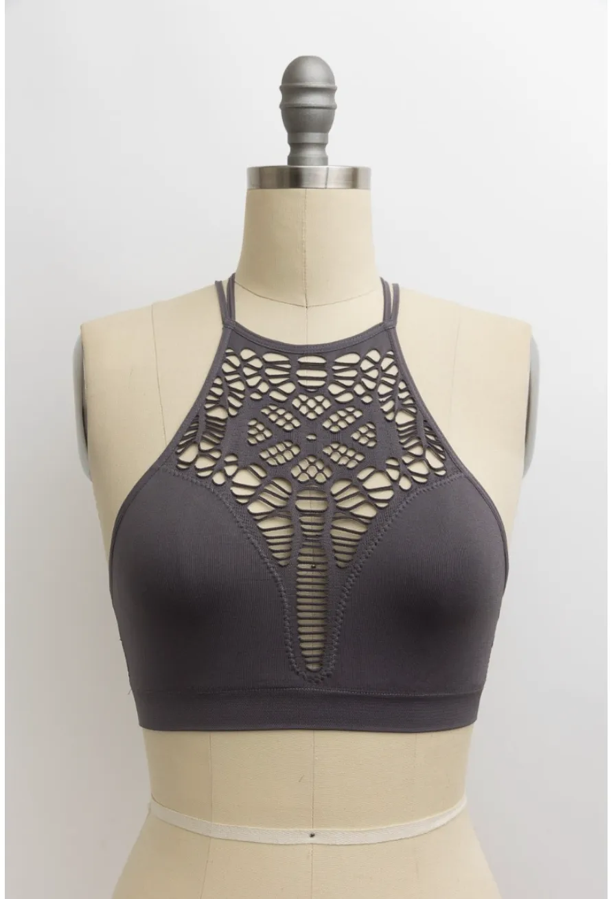 Floral Cut Out High Neck Bralette - Dark Gray
