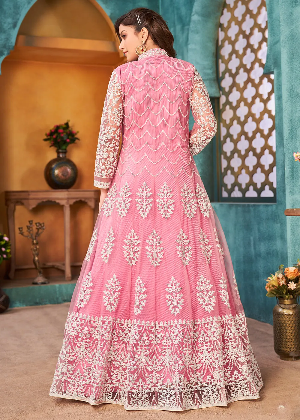 Front Slit Carnation Pink Wedding Wear Anarkali Suit