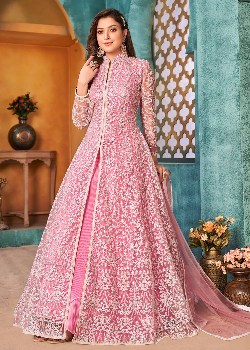 Front Slit Carnation Pink Wedding Wear Anarkali Suit