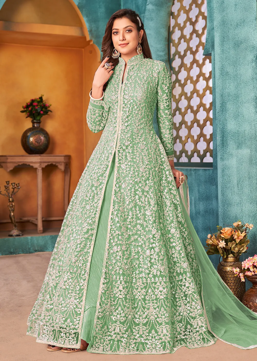 Front Slit Green Wedding Wear Anarkali Suit