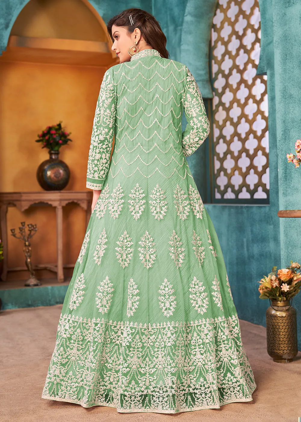 Front Slit Green Wedding Wear Anarkali Suit