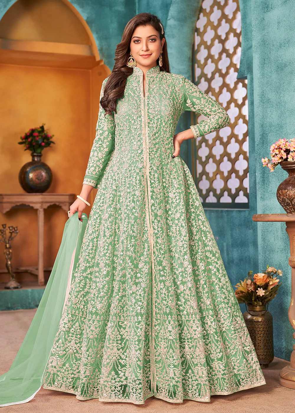 Front Slit Green Wedding Wear Anarkali Suit