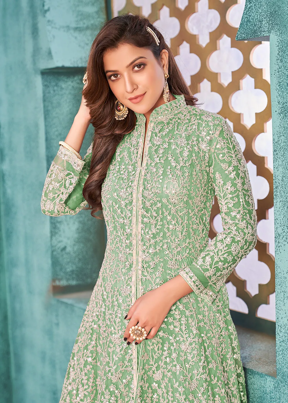 Front Slit Green Wedding Wear Anarkali Suit