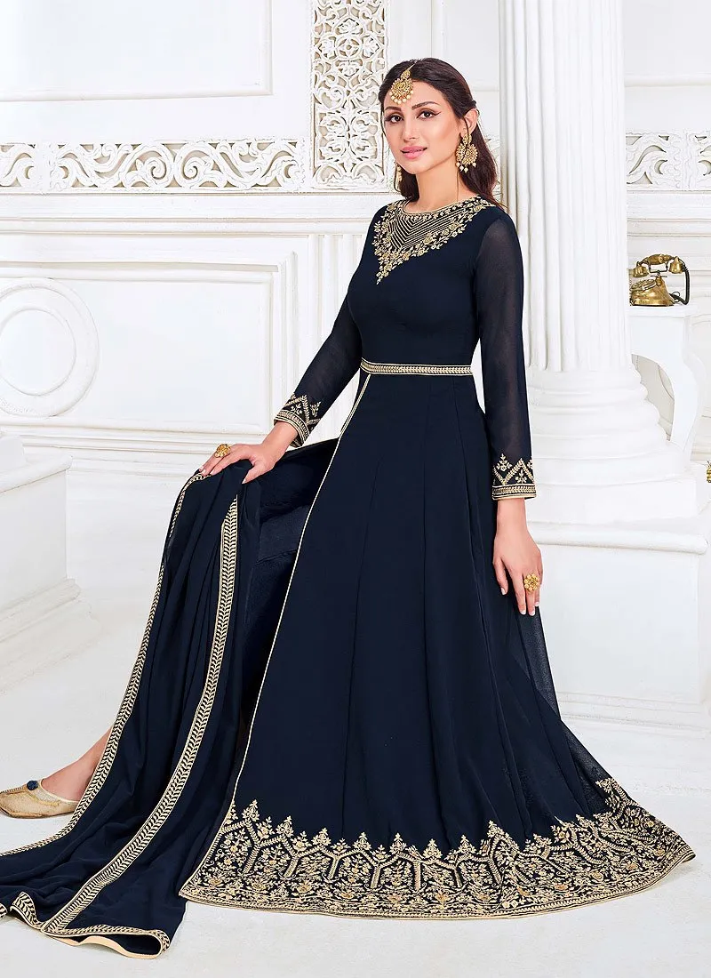 Front Slit Navy Blue Zari Embroidered Anarkali Suit