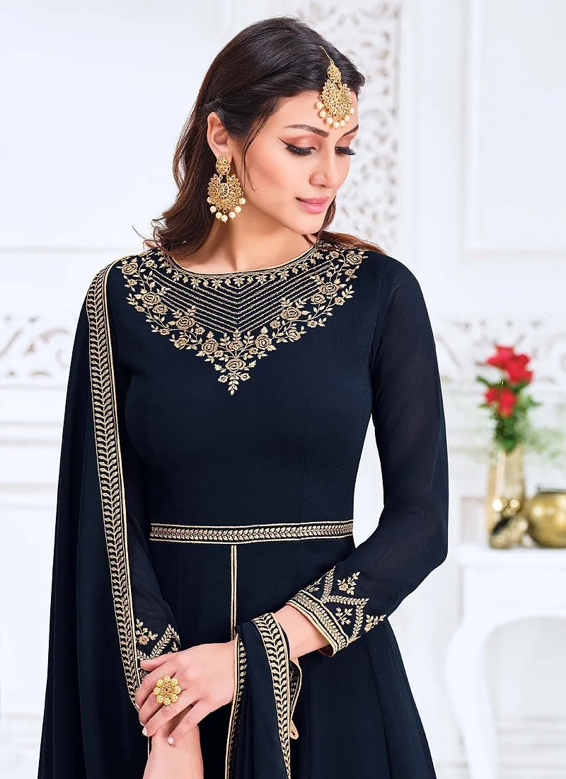 Front Slit Navy Blue Zari Embroidered Anarkali Suit