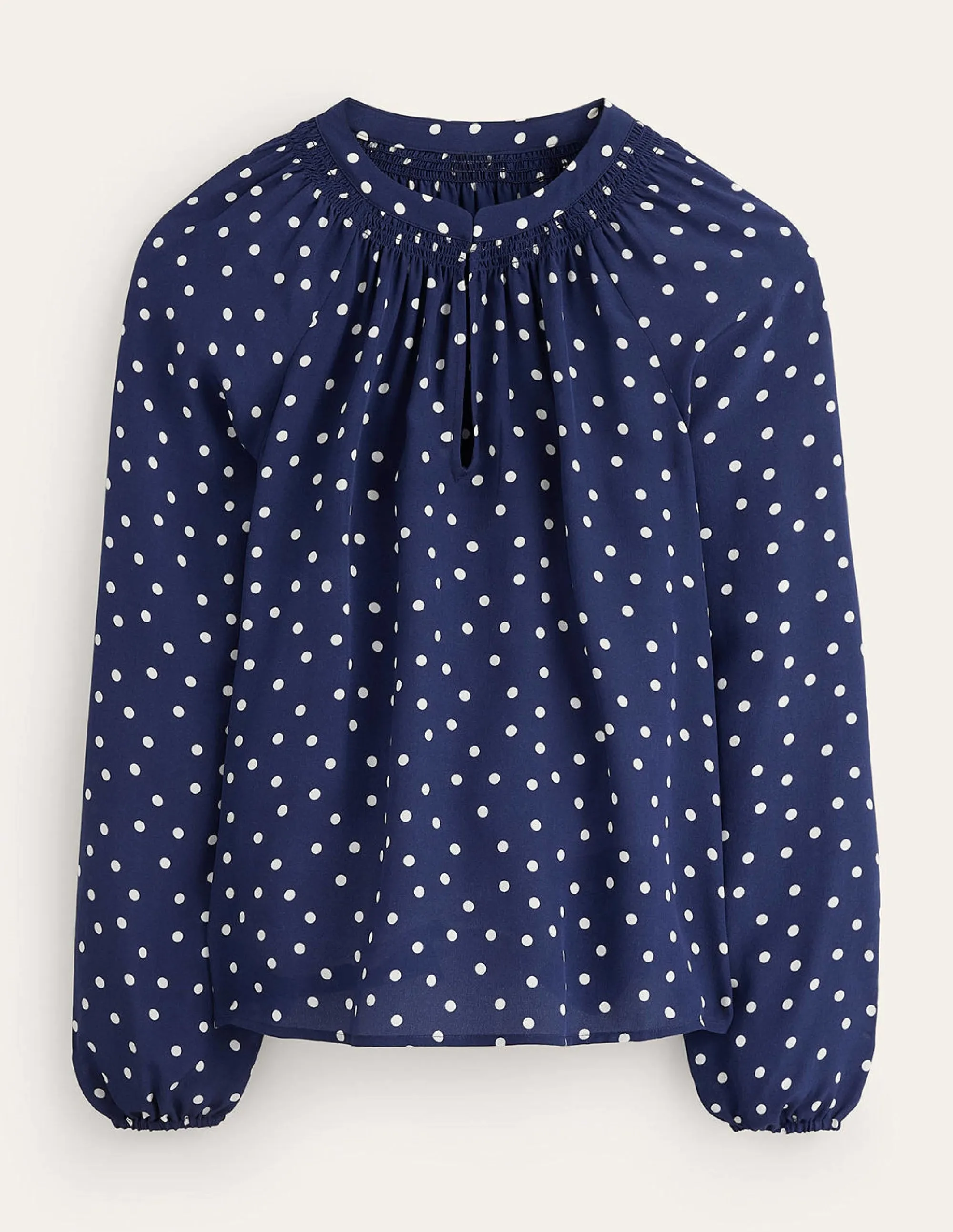 Gathered Neck Silk Blouse-Navy Spot