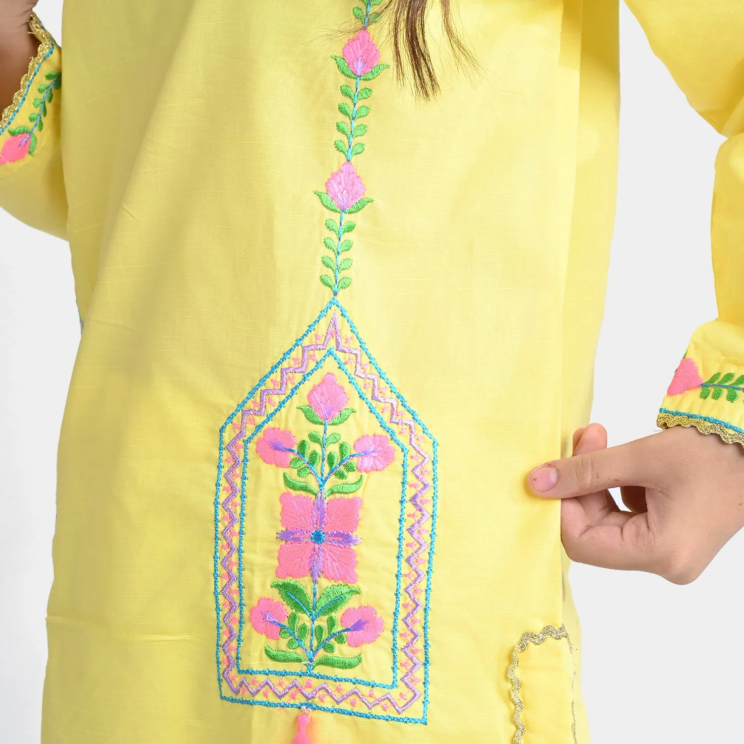 Girls Cotton Slub EMB 2PC Suit Neon Garden-B.Yellow
