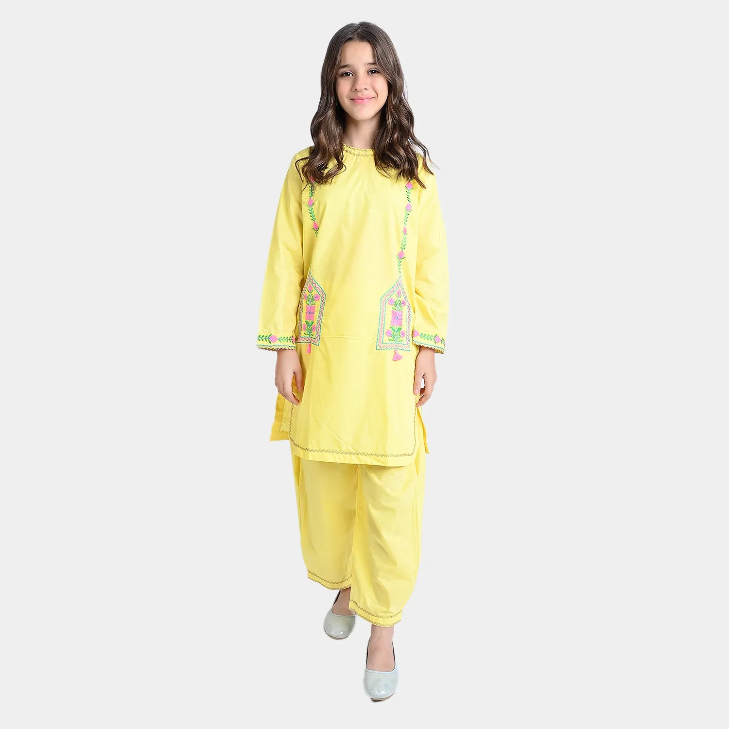 Girls Cotton Slub EMB 2PC Suit Neon Garden-B.Yellow