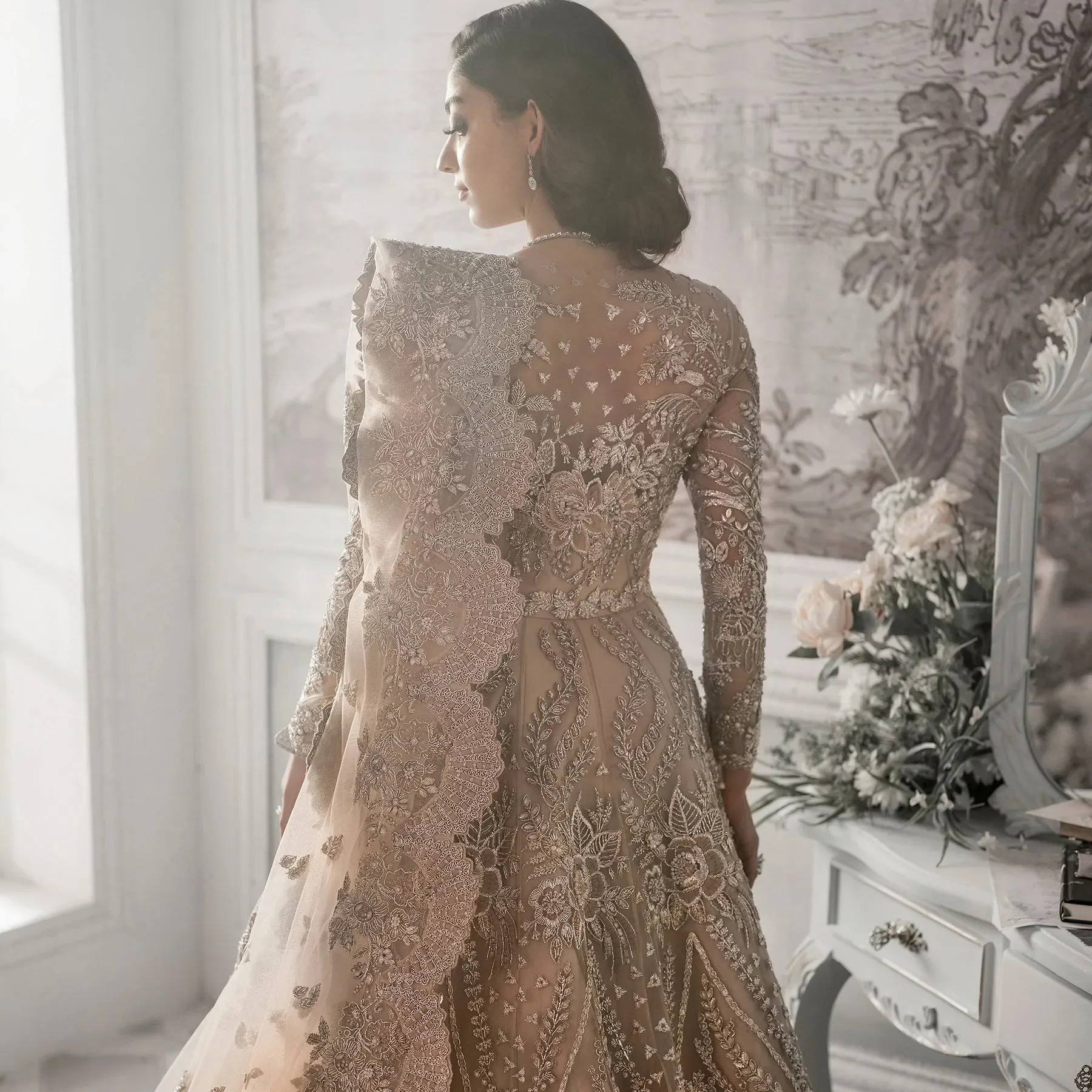 Golden Beige Lehenga Frock For Pakistani Wedding Dresses