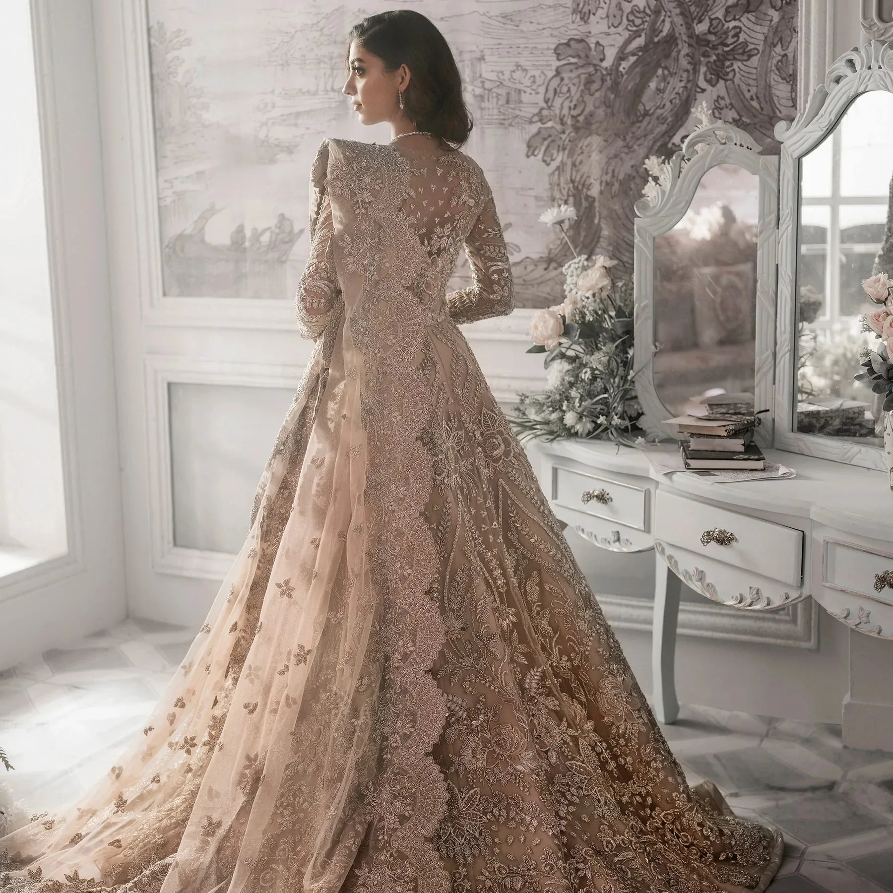Golden Beige Lehenga Frock For Pakistani Wedding Dresses