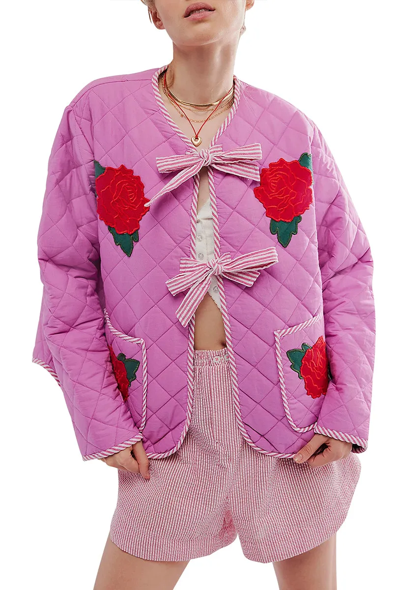 HCT1346 Quilted Floral Tie-Front Jacket Outerwear