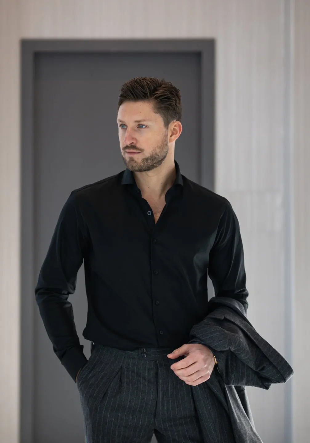 Jet Black Twill Pima Cotton Shirt - Cutaway Extreme Collar