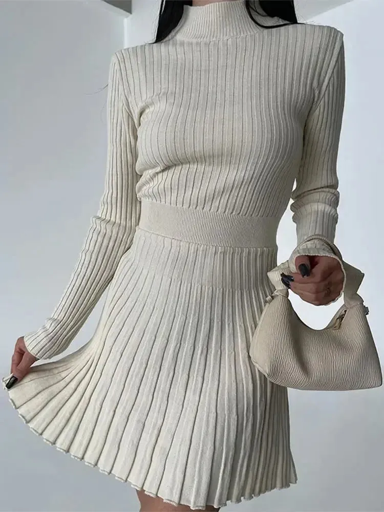 Joskaa Elegant Turtleneck Long Sleeve Women's Knitted Dress Fashion Pleated High Waisted Solid Color Vestidos 2024 Autumn Commute Robes