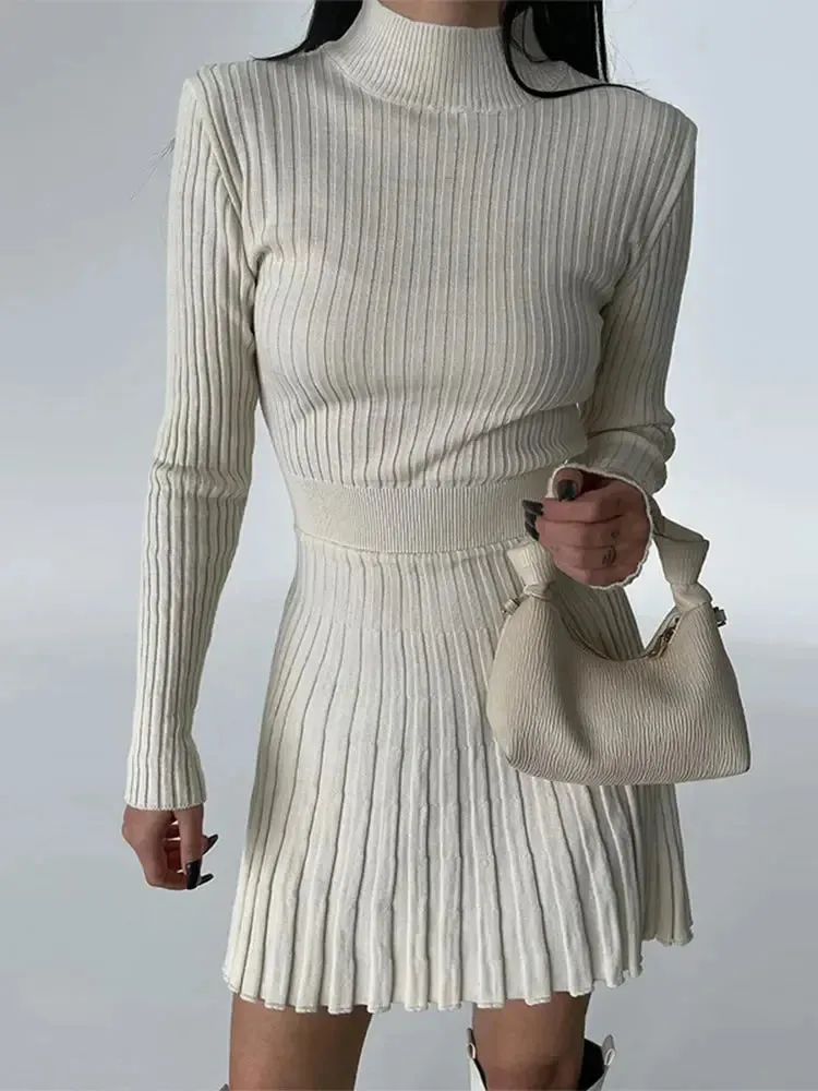 Joskaa Elegant Turtleneck Long Sleeve Women's Knitted Dress Fashion Pleated High Waisted Solid Color Vestidos 2024 Autumn Commute Robes