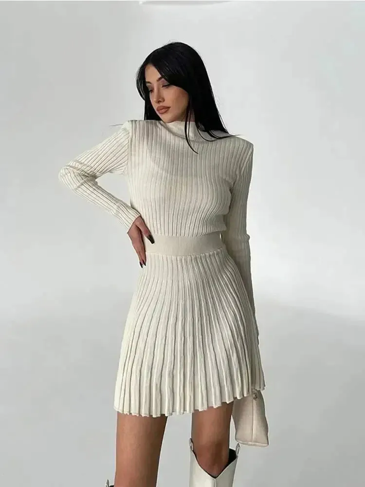 Joskaa Elegant Turtleneck Long Sleeve Women's Knitted Dress Fashion Pleated High Waisted Solid Color Vestidos 2024 Autumn Commute Robes