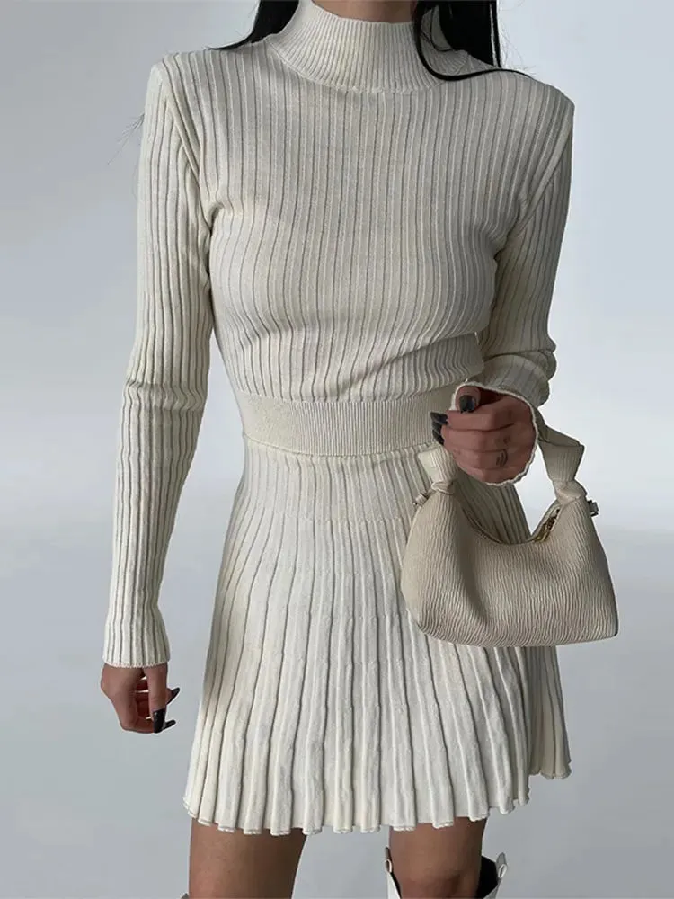 Joskaa Elegant Turtleneck Long Sleeve Women's Knitted Dress Fashion Pleated High Waisted Solid Color Vestidos 2024 Autumn Commute Robes